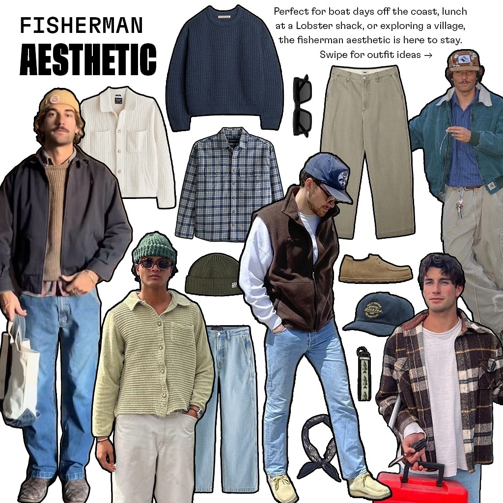Fisherman-style tee with coastal outfit flatlay – 2025 POD fashion trend