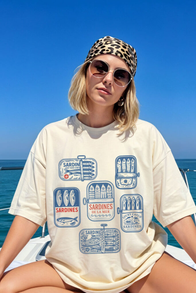 Fisherman-style tee with coastal outfit flatlay – 2025 POD fashion trend