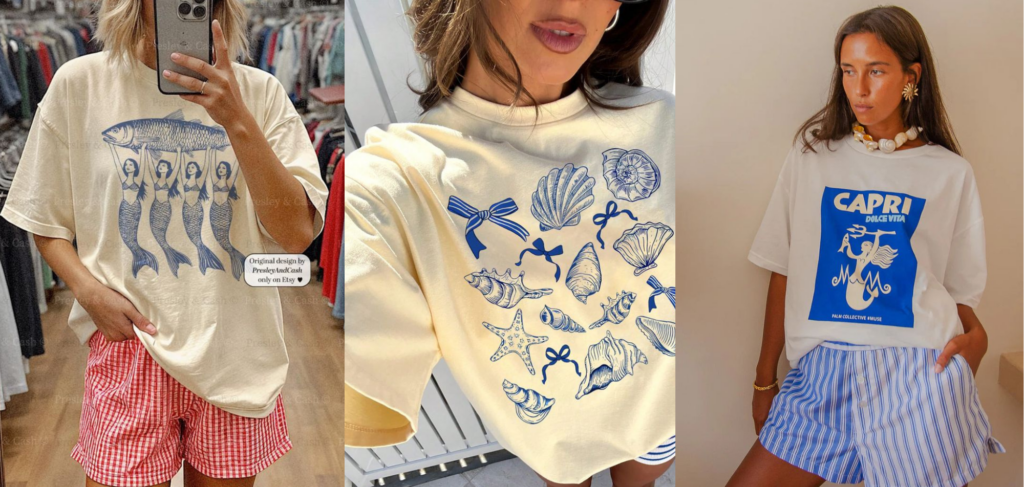 Fisherman-style tee with coastal outfit flatlay – 2025 POD fashion trend